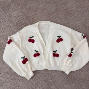 Cider White Cardigan with Cherry Embroidery